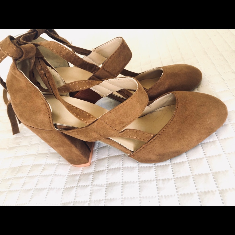 Tan Suede Lace-Up Block Heels